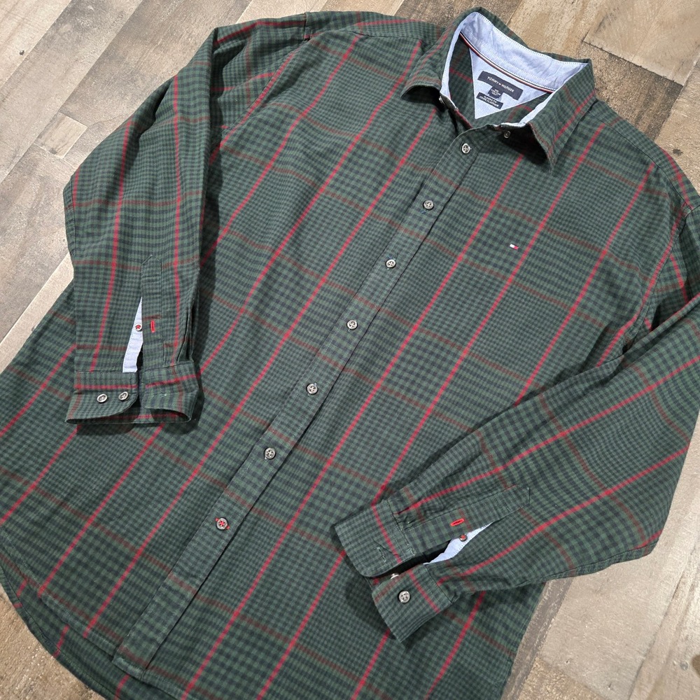VTG Tommy Hilfiger Men's Long Sleeve Flannel Shirt XXL Green Red Plaid Button Up